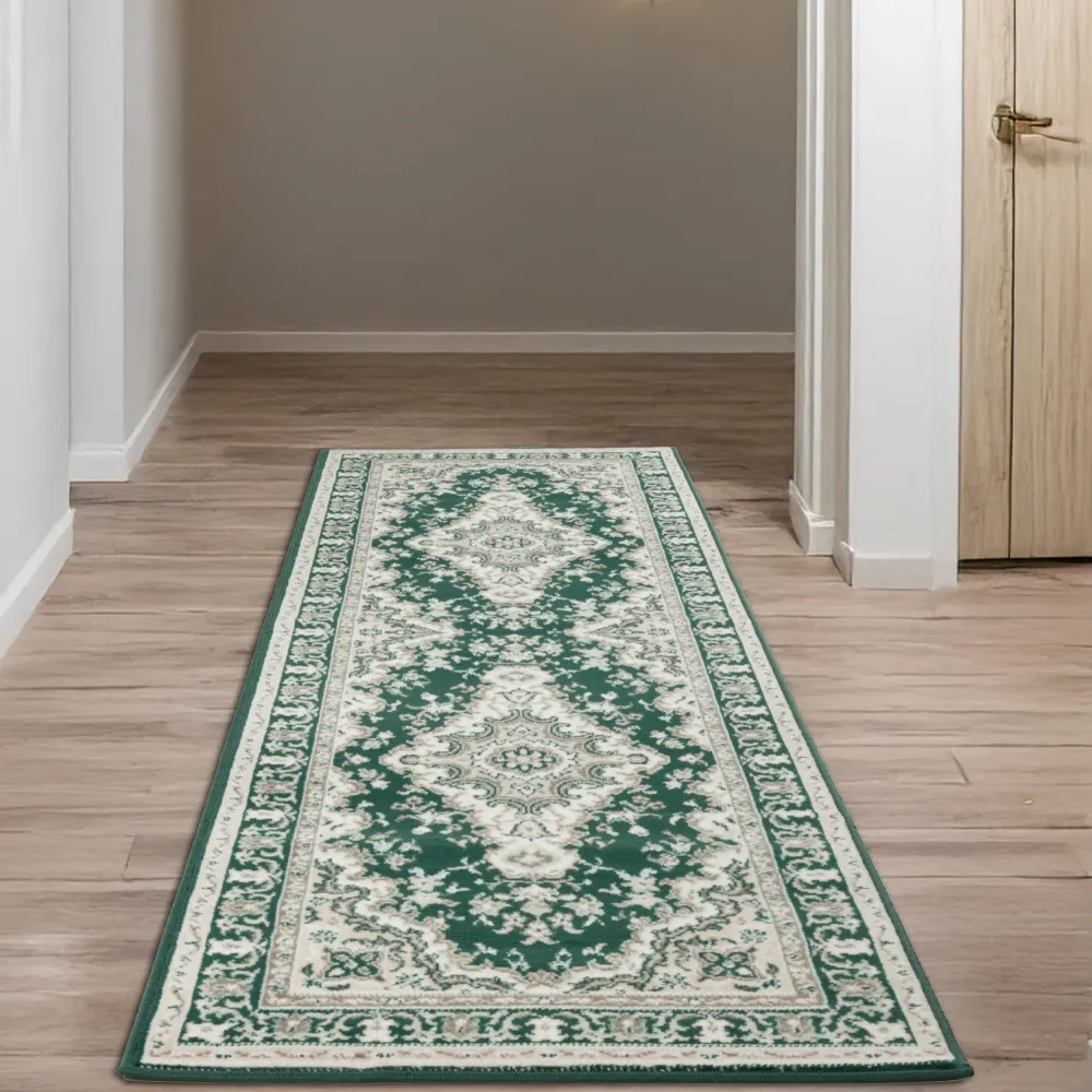 Covor Oriental DELAVITA verde inchis cu model traditional 80x250 cm
