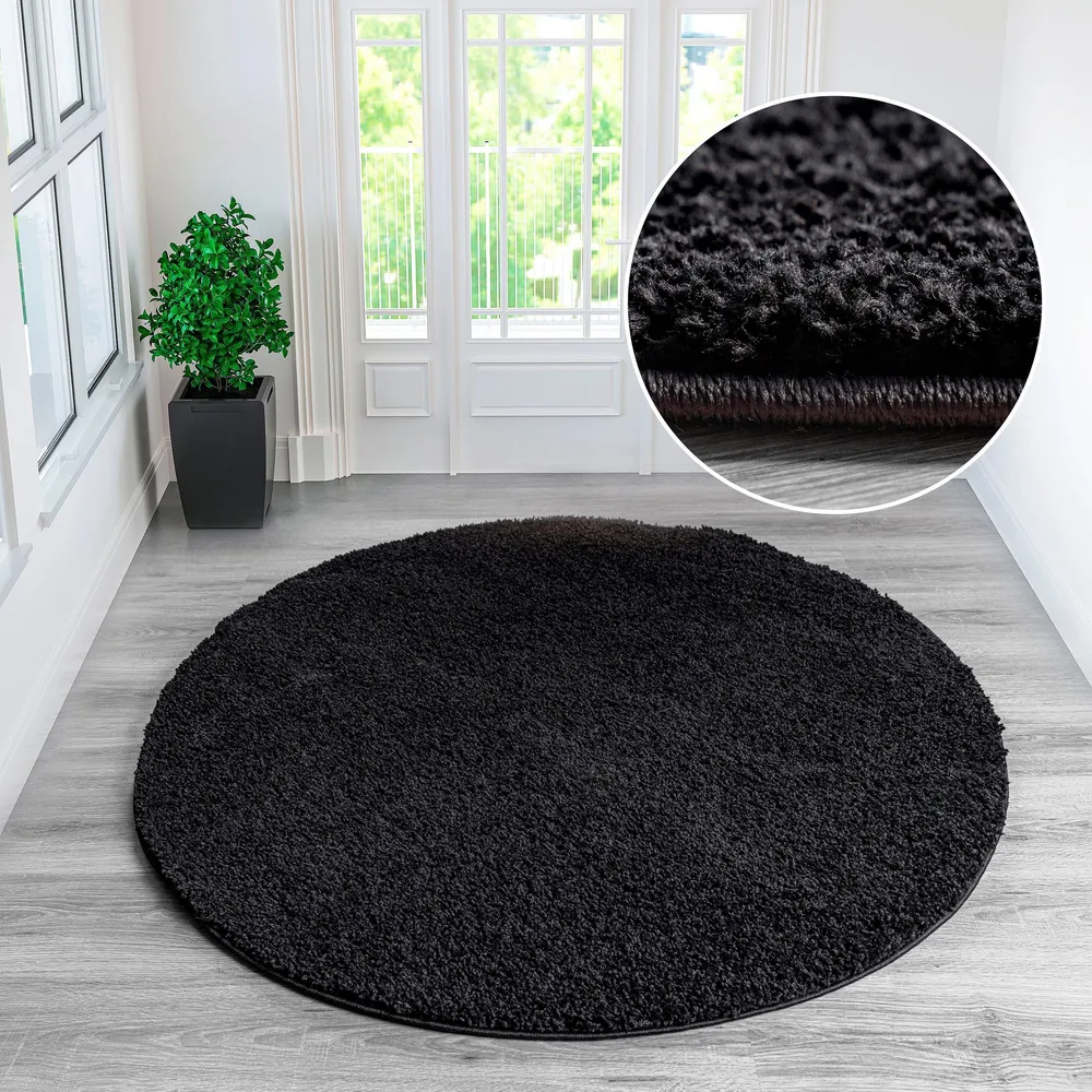 Covor rotund foarte pufos Shaggy 30 negru 140 cm