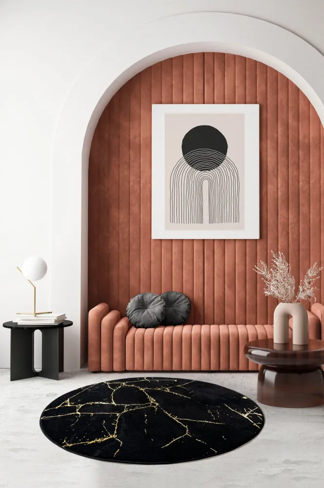 Covor rotund Juliet cu aspect de marmura negru si auriu 120 cm