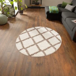 Covor rotund Shaggy Linz cu fir lung, alb cu gri, pufos 140 cm diametru