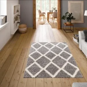 Covor Shaggy Linz cu fir lung pufos, alb cu gri, 80x150 cm