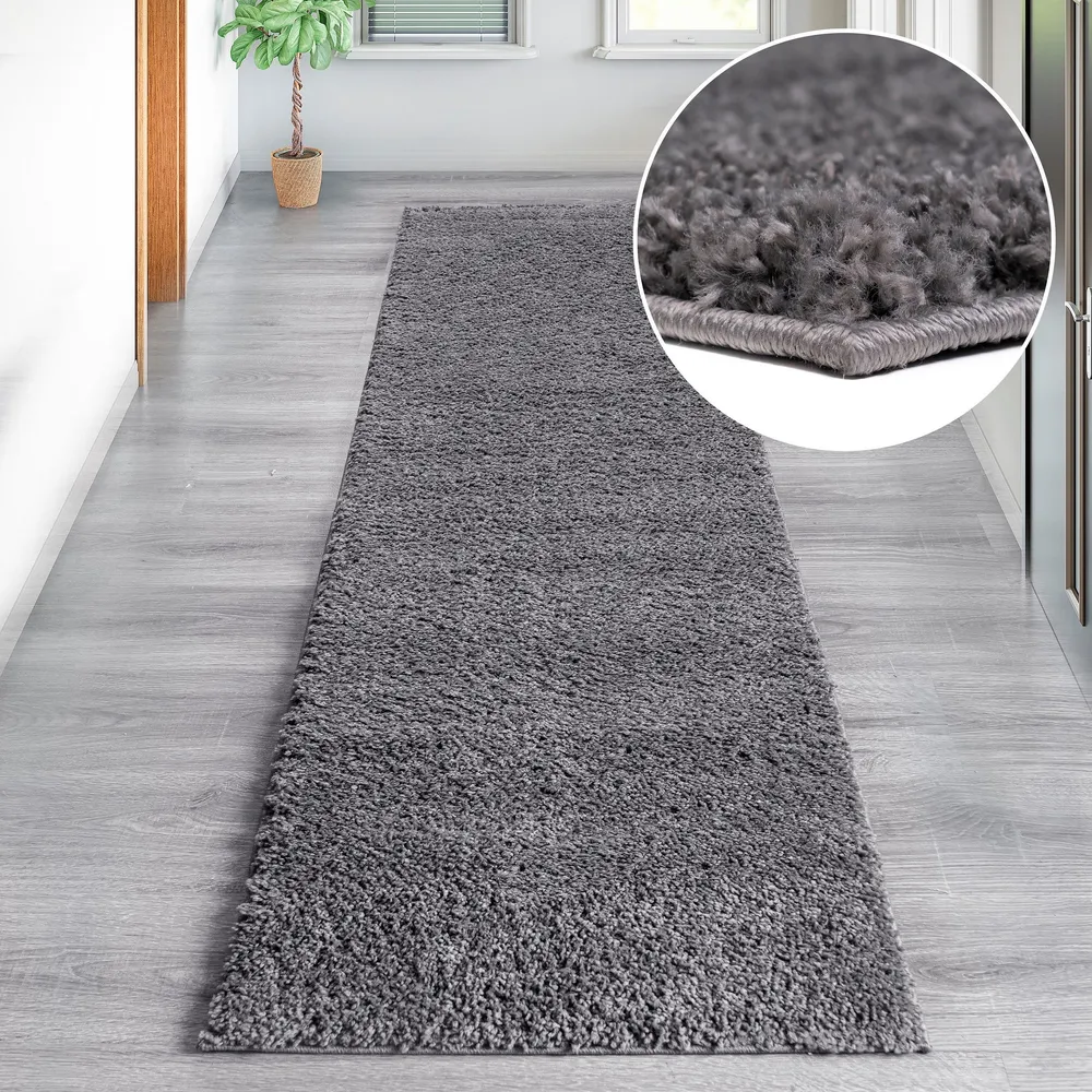 Covor traversa shaggy Viva cu fire lungi si pufos gri piatră, 90x250 cm