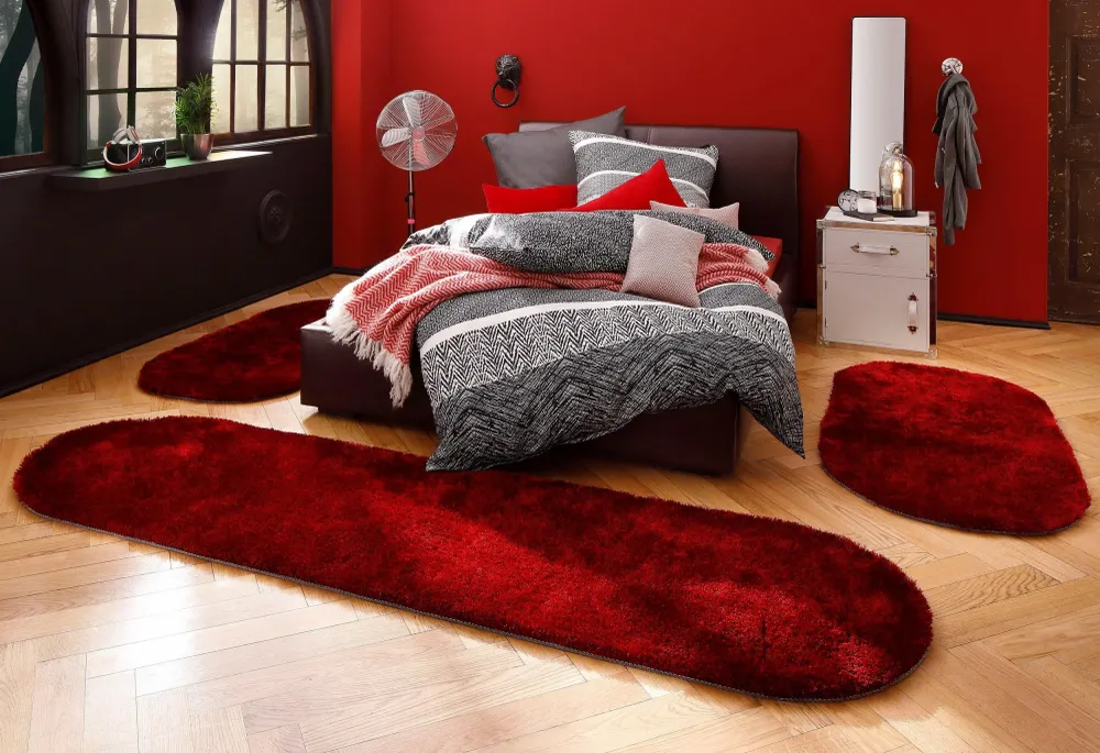 Set 3 covoare ovale pentru dormitor »Dana« foarte pufoase, rosu