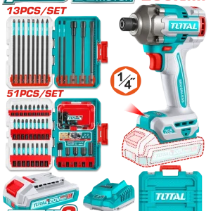 Masina de insurubat cu impact TOTAL 20V, 285 Nm, 64 biti impact inclusi (INCLUDE 2 ACUMULATORI SI 1 INCARCATOR)