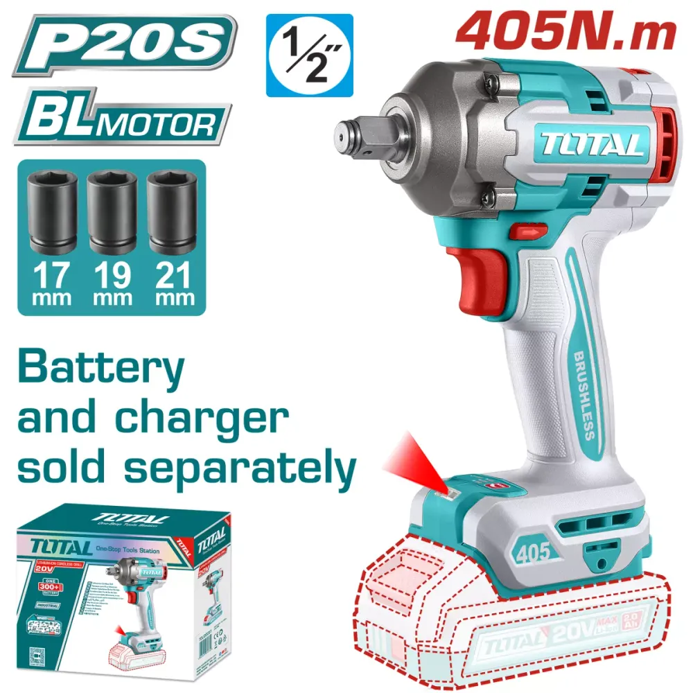 Masina de insurubat cu impact TOTAL, 20V, 405Nm, 1/2" (nu include acumulator)