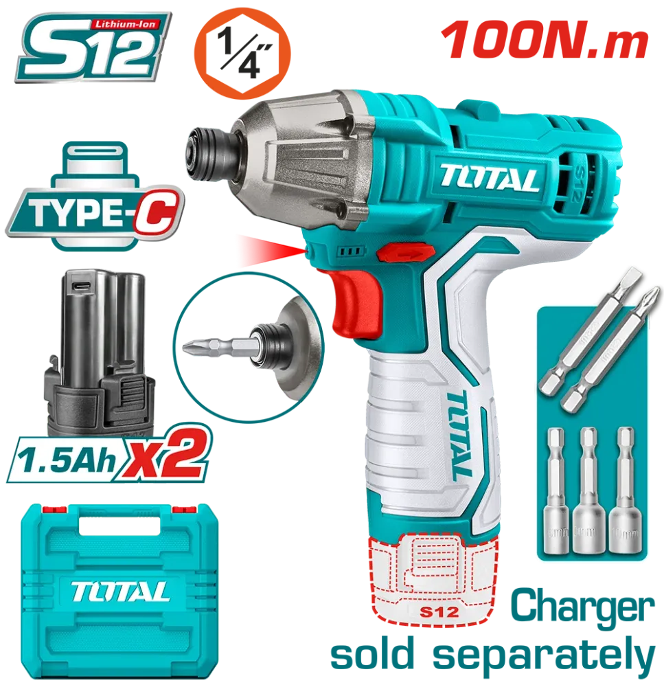 Masina de insurubat cu impact TOTAL, acumulator 12V-1.5Ah Li-Ion, HEX 1/4" (include 2 acumulatori)