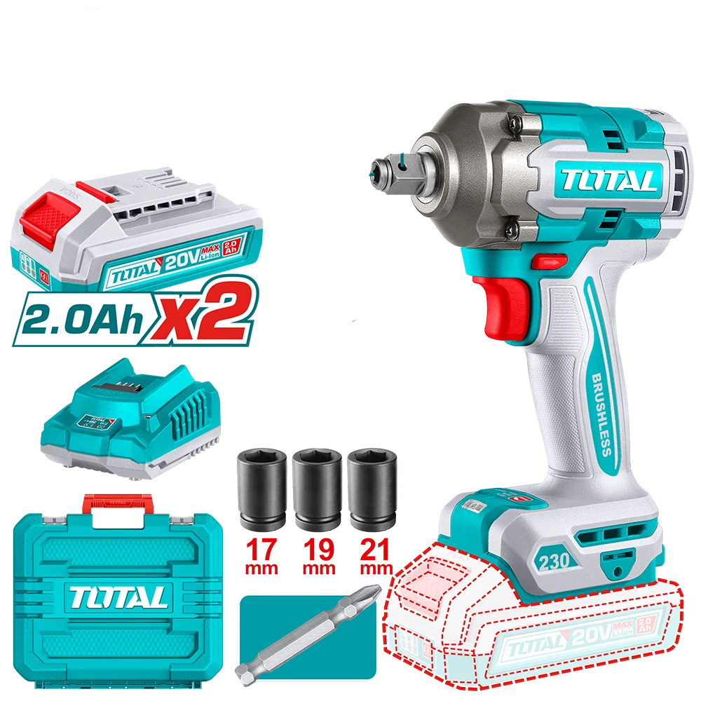 Masina de insurubat cu impact TOTAL cu acumulator 20V, motor fara perii (include 2 acumulatori, 1 incarcator)
