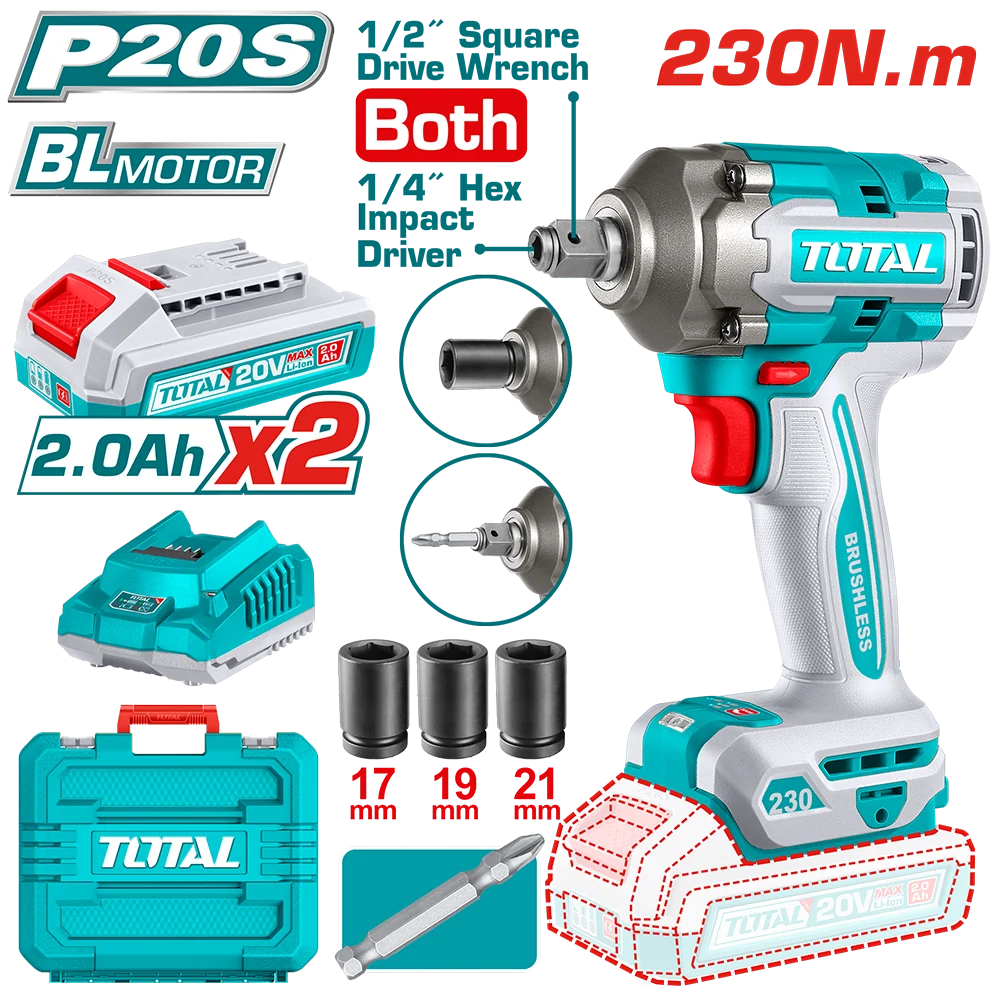 Masina de insurubat cu impact TOTAL cu acumulator 20V, motor fara perii (include 2 acumulatori, 1 incarcator)
