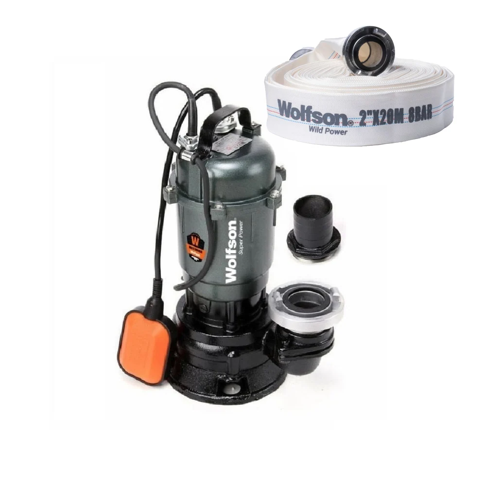 Pompa submersibila apa murdara cu tocator Wolfson TP-3300T, 1500W, 2", 10000 l/h + furtun PVC panzat tip pompieri 2" 20m,...