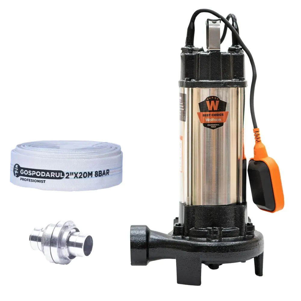 Pompa submersibila apa murdara cu tocator si flotor Wolfson WQW-1500D-F PRO, 1500 W, 25 mc/h, 2" + furtun 20m + cuple
