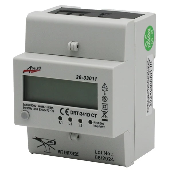 Contor trifazic, pe sina, digital, masura indirecta, 5A, 4 module, Adeleq 02-5525/DIG