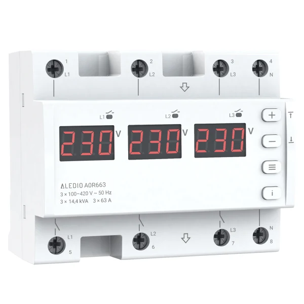 Releu de monitorizare tensiune, trifazat, 63A, 6 module, Aledio A0R663