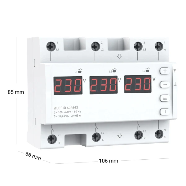 Releu de monitorizare tensiune, trifazat, 63A, 6 module, Aledio A0R663