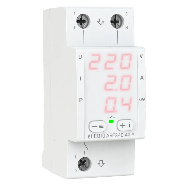 Releu de protectie multifunctional monofazat, 40A, cu afisaj tensiune, curent, putere, Aledio ARF240