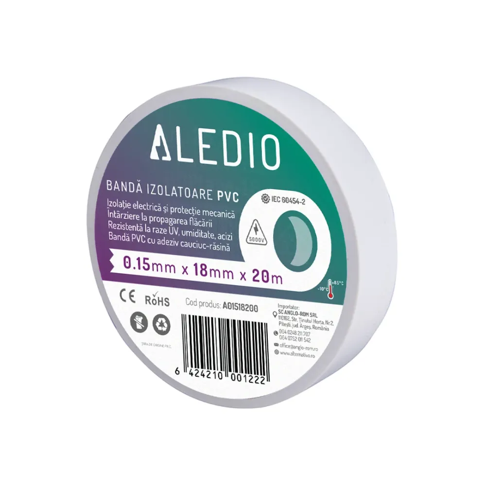 Banda izolatoare din PVC, 0.15mmx18mmx20m, alb, Aledio A01518200
