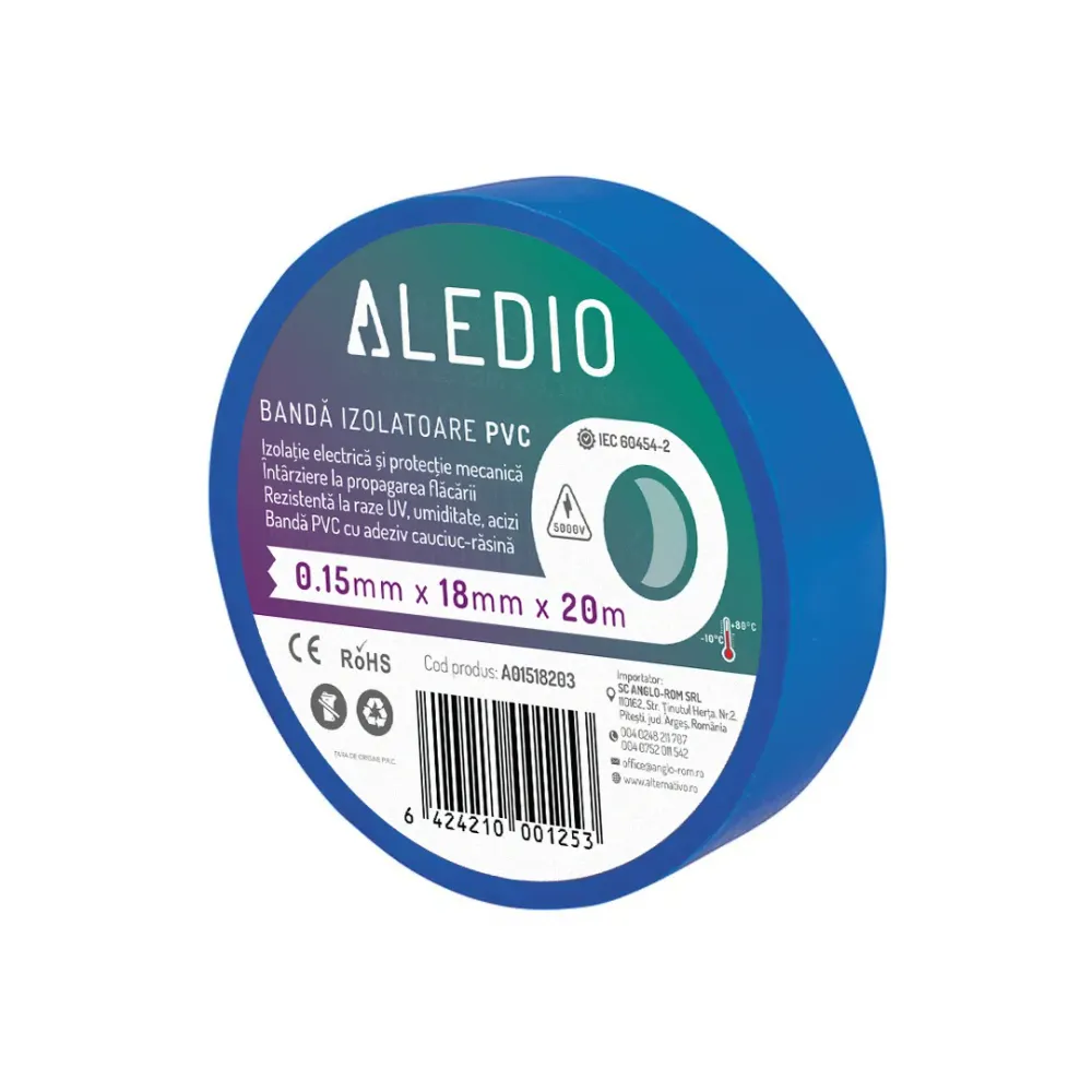 Banda izolatoare din PVC, 0.15mmx18mmx20m, albastru, Aledio A01518203