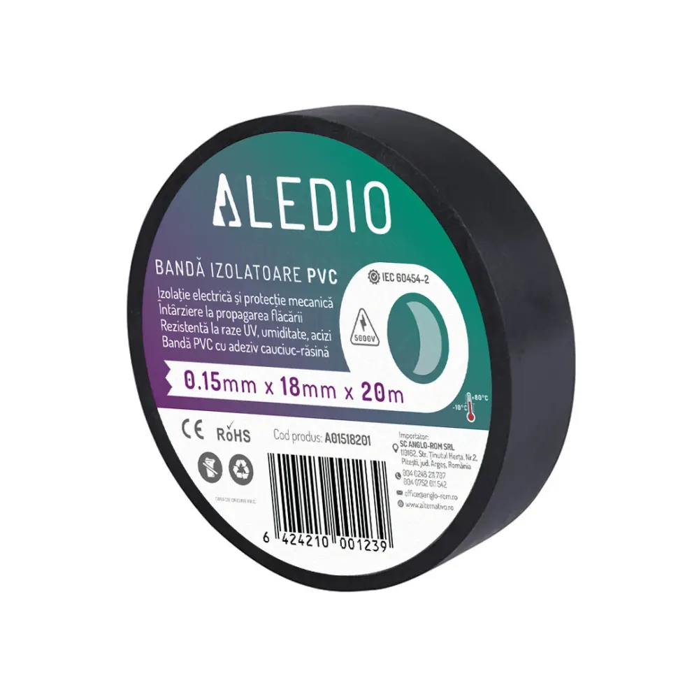 Banda izolatoare din PVC, 0.15mmx18mmx20m, negru, Aledio A01518201