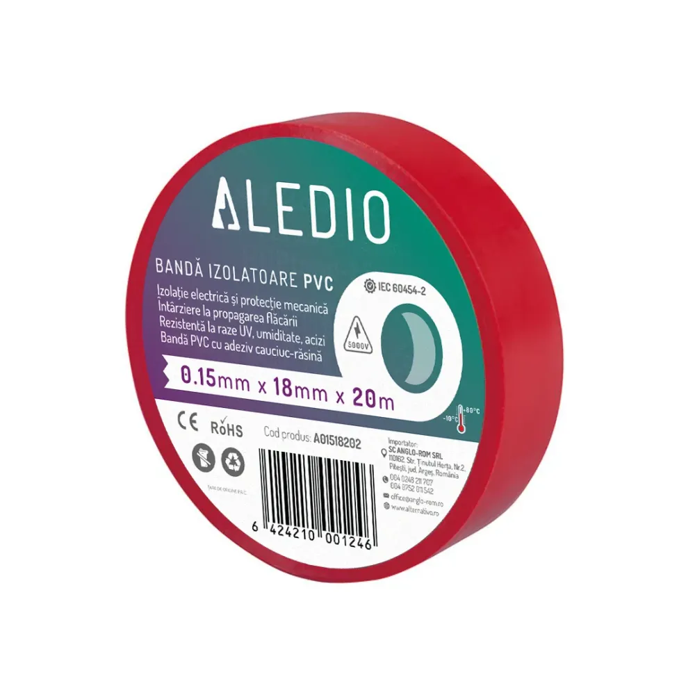 Banda izolatoare din PVC, 0.15mmx18mmx20m, rosu, Aledio A01518202