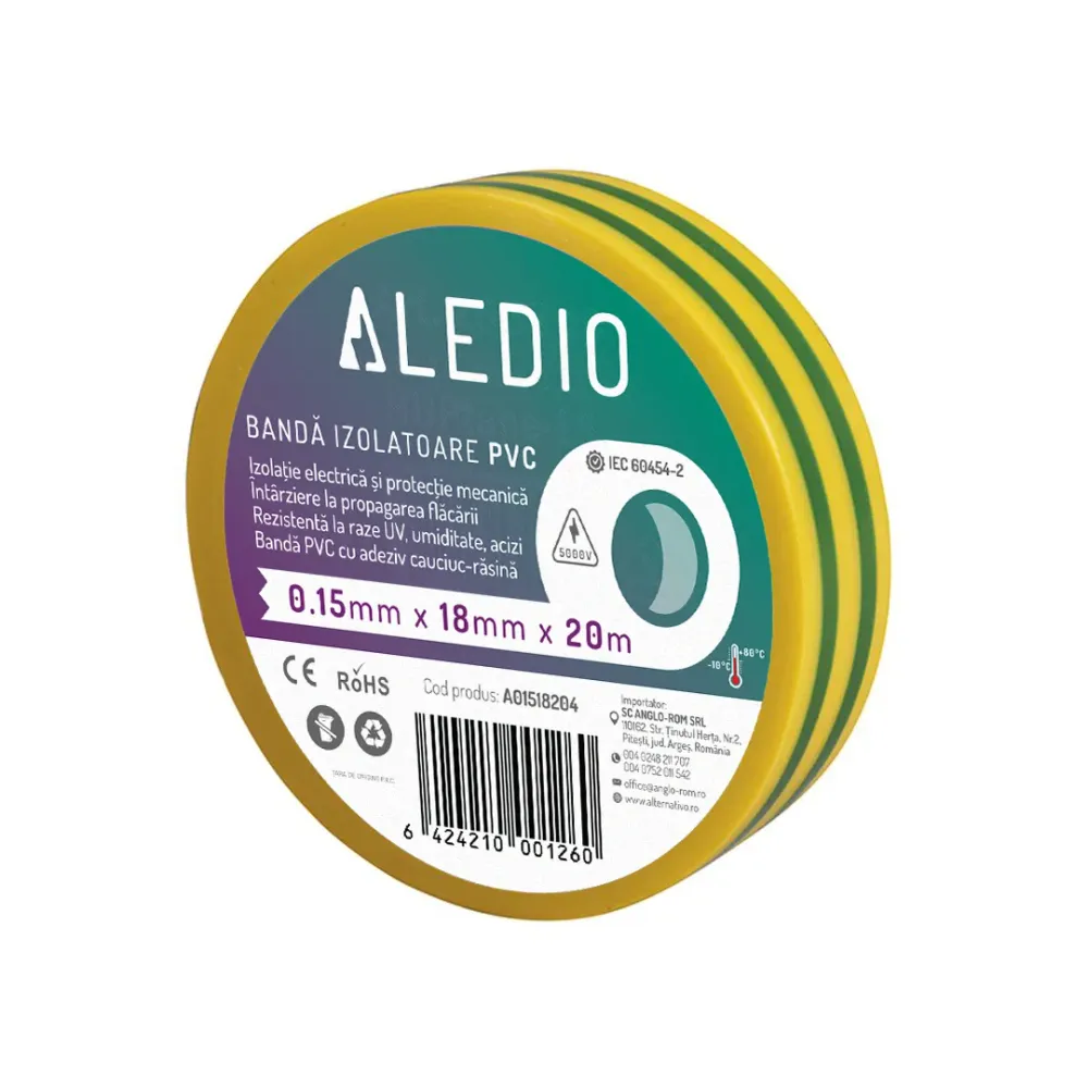 Banda izolatoare din PVC, 0.15mmx18mmx20m, verde-galben, Aledio A01518204