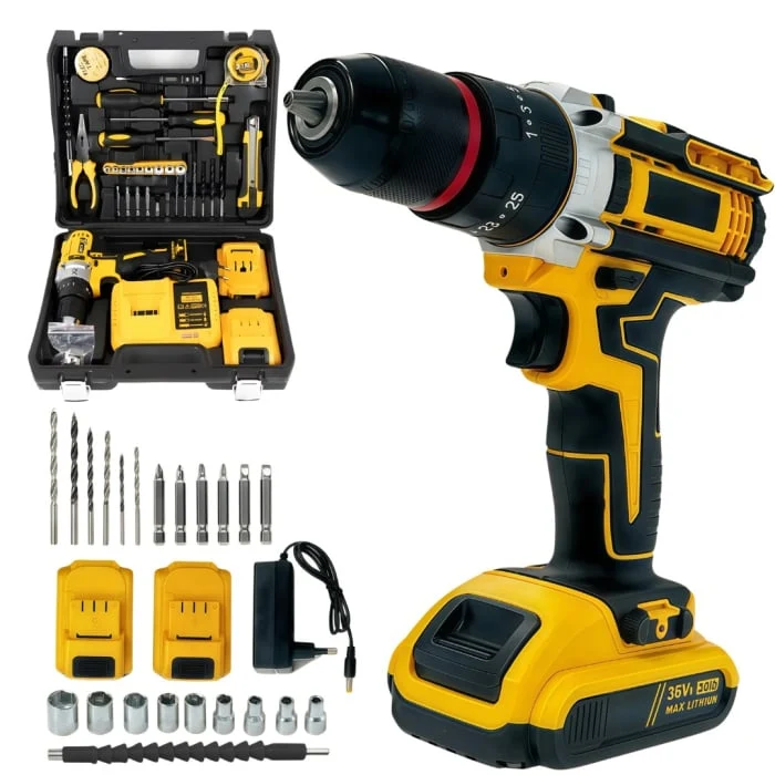 Bormașă cu Percuție și Înșurubat 36V, 2 Acumulatori, 500W, 30 Accesorii