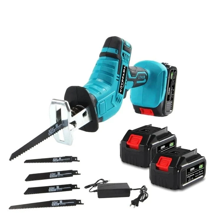 Fierăstrău Electric Tip Sabie 48V cu 2 Acumulatori, 4 Pânze și Valiză de Transport