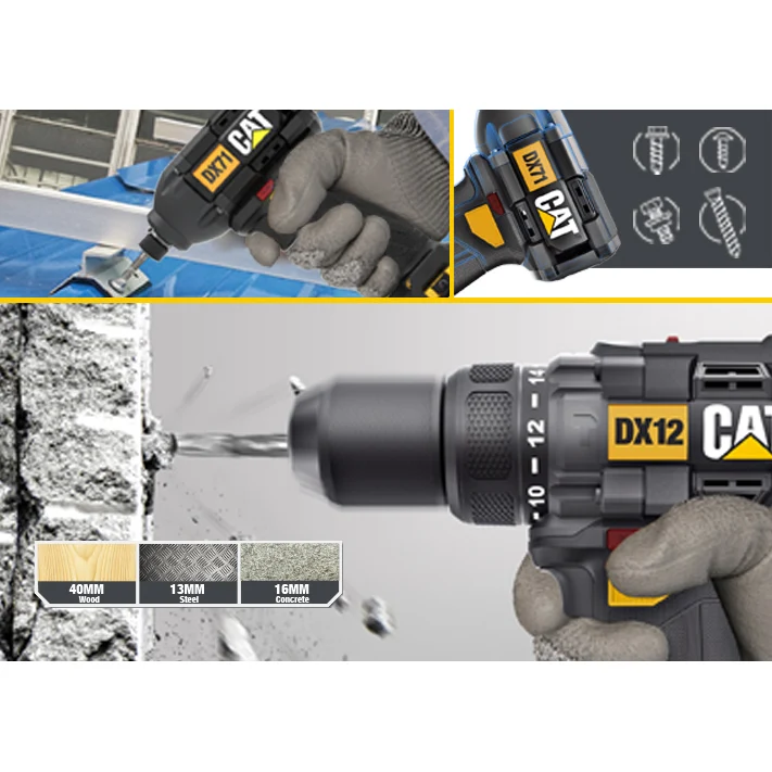 Set masina de gaurit CAT, 18V 65NM, masina de insurubat cu impact (fara perii), 18V 215NM CU 2X2AH si incarcator valiza Mo...