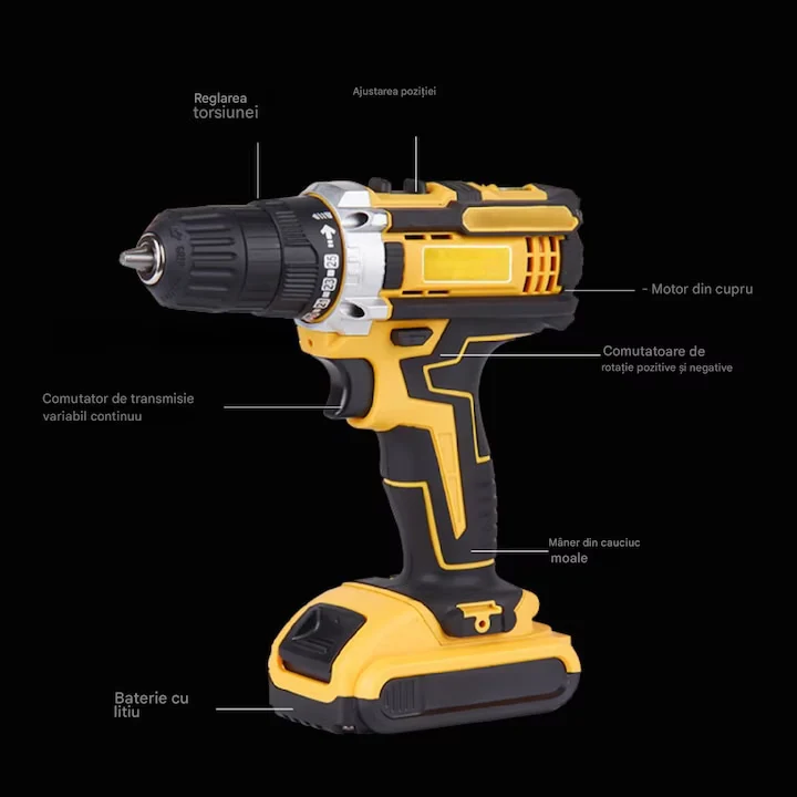 Bormașă cu Percuție 48V, 500W, 2 Acumulatori Li-Ion, 36 Accesorii, Valiză Profesională