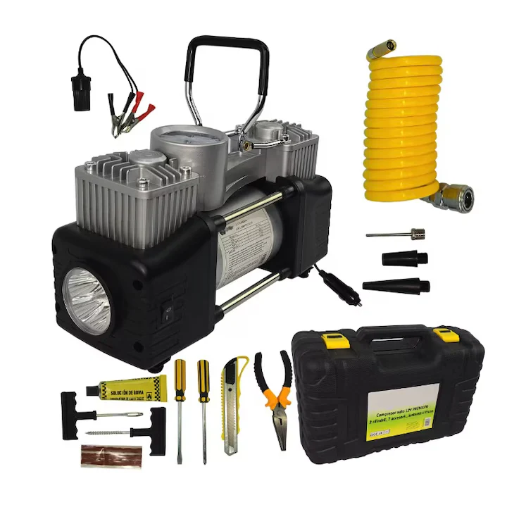 Kit Reparație Pană și Compresor Auto 12V Lider, 2 Cilindri, 70L/min, 150 PSI, cu Lanternă