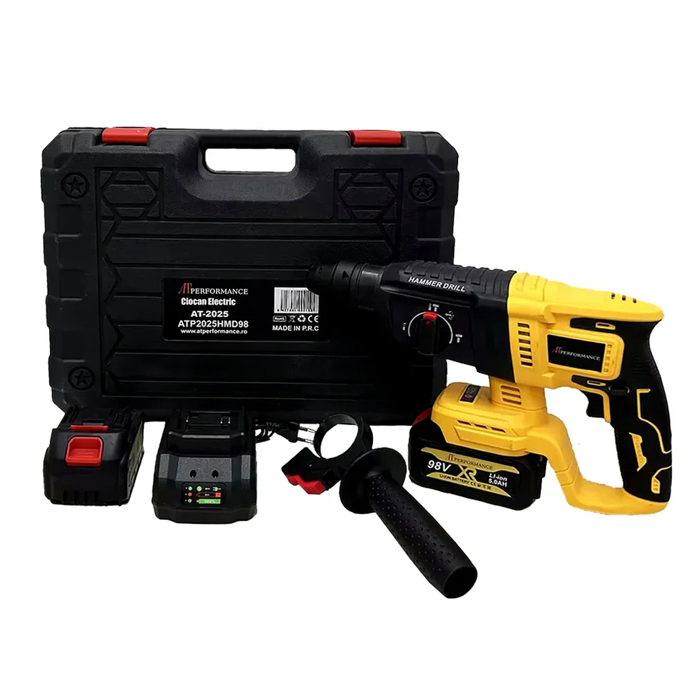 Mașă de Găurit cu Percuție AT Performance 98V, 3500RPM, 2 Acumulatori, cu Valiză, Puternică pentru Lemn, Metal și Zidărie