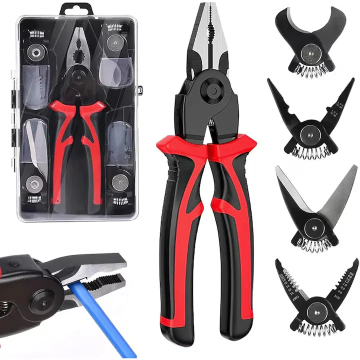 Set Cleste Multifunctional 5 1 cu Capete Interschimbabile, Patent, Dezizolator, Taietor Cablu, Sertizor, Foarfeca Tabla