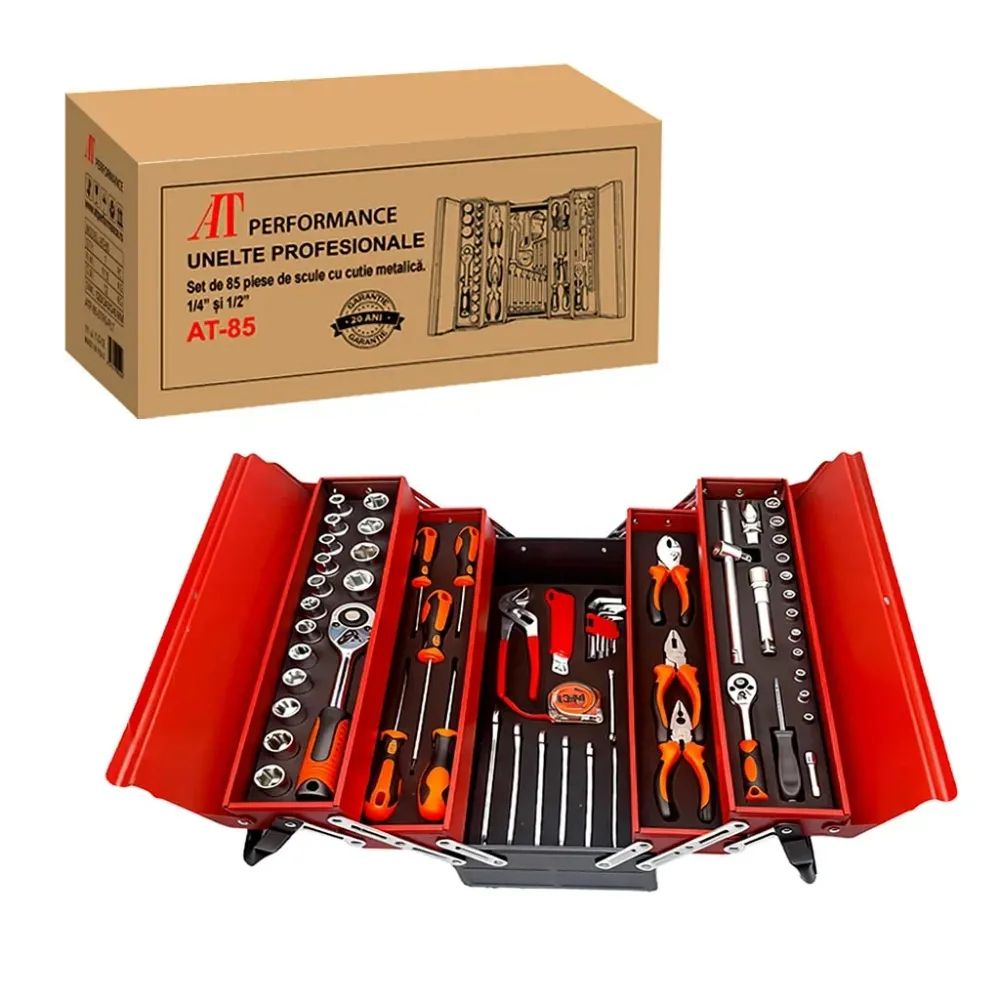 Trusă de Scule AT PERFORMANCE® 85 Piese, Cutie Metalică cu 5 Compartimente, Chei, Biți, Imbusuri, Șurubelnițe și Clești, I...