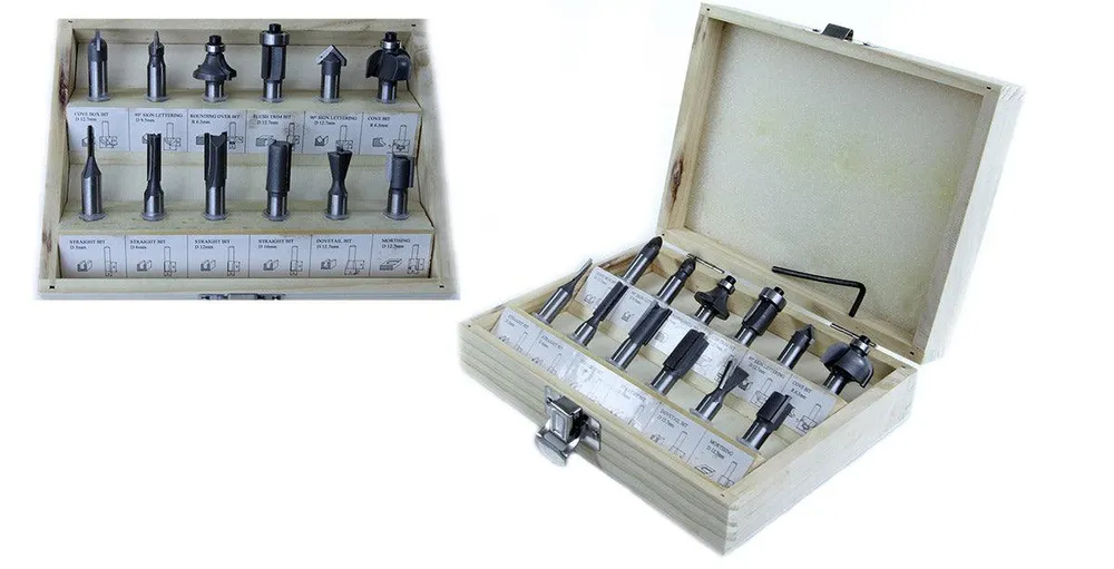 Set freze lemn 12 piese carbura tungsten, freze pentru lemn din otel carbon si carbură de tungsten