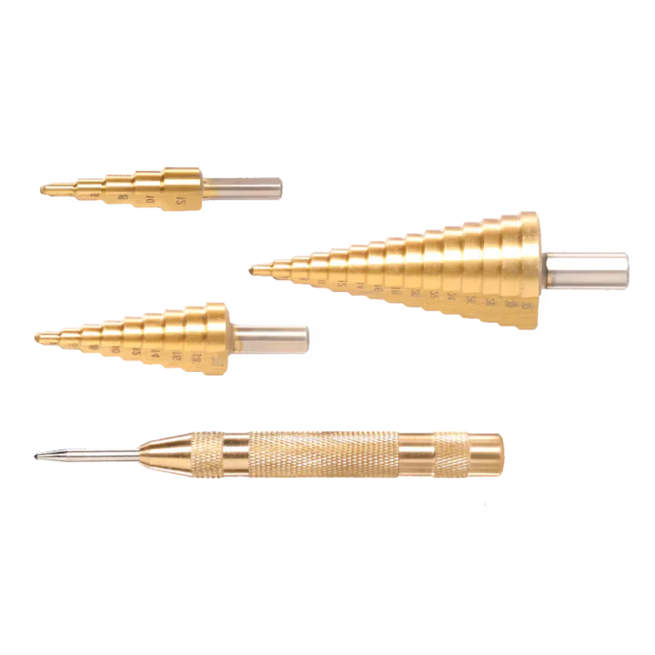 Set 3 burghie conice trepte si punctator Wadfow, 4-12mm, 4-20mm, 4-32mm, 2mm/pas