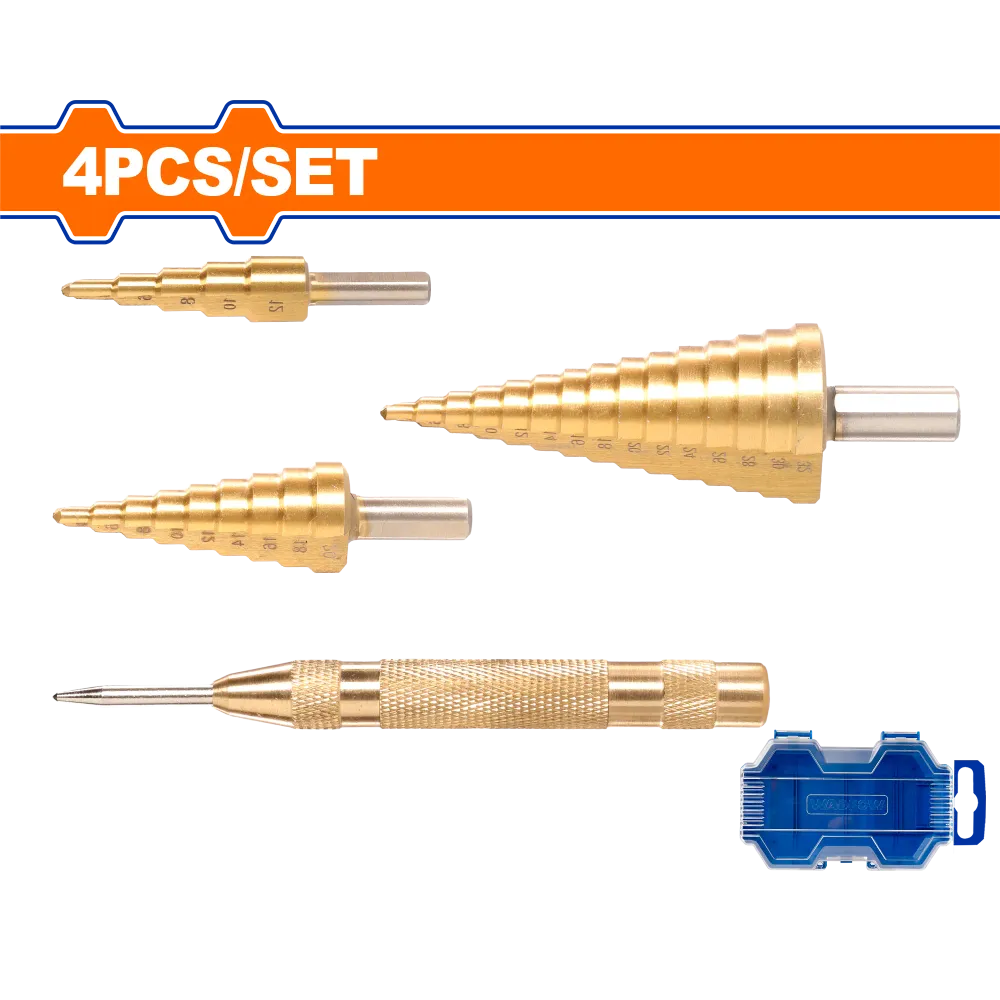 Set 3 burghie conice trepte si punctator Wadfow, 4-12mm, 4-20mm, 4-32mm, 2mm/pas