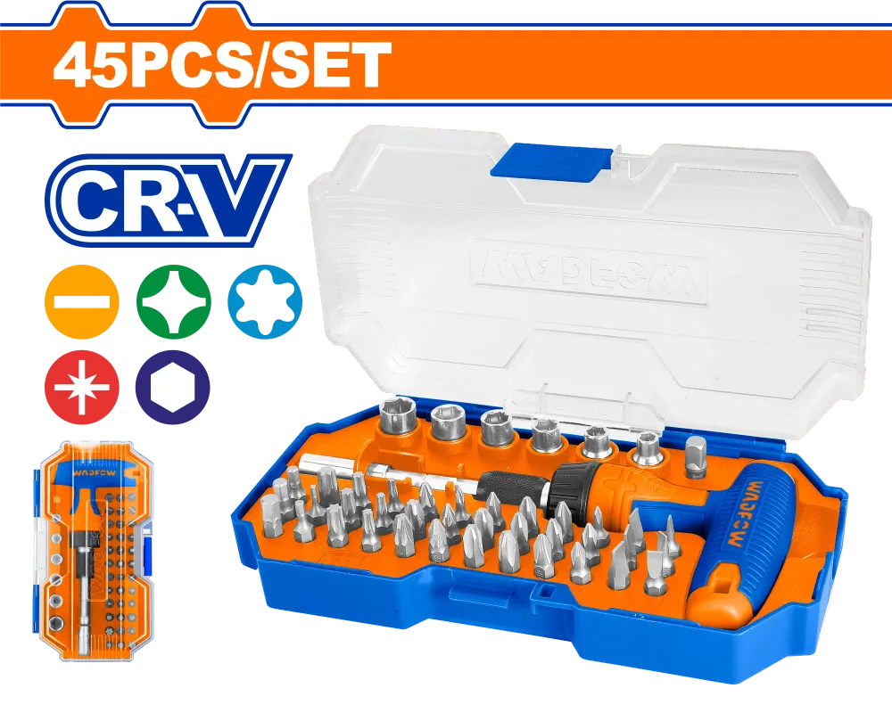 Set biti pentru surubelnita Wadfow, 1/4", include chei, adaptor, support bit, maner cu clichet, Cr-V, 45 piese