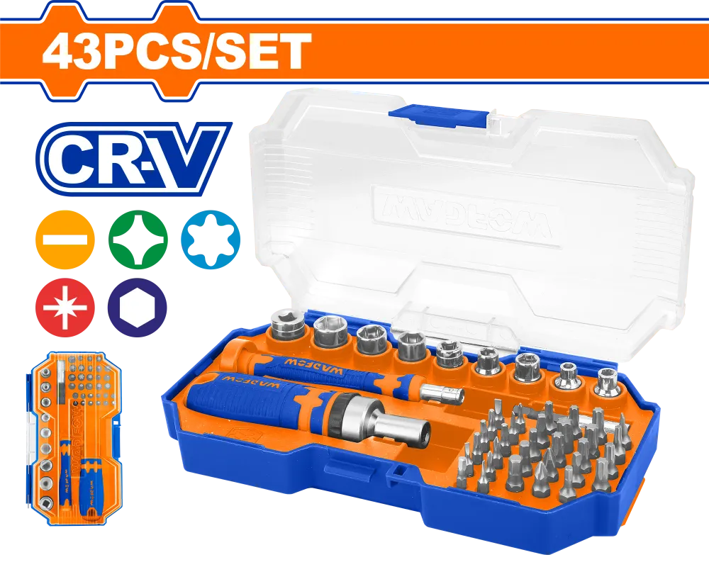 Set biti pentru surubelnita Wadfow, 1/4", include chei, adaptor, support bit, maner cu clichet, Cr-V, 43 piese