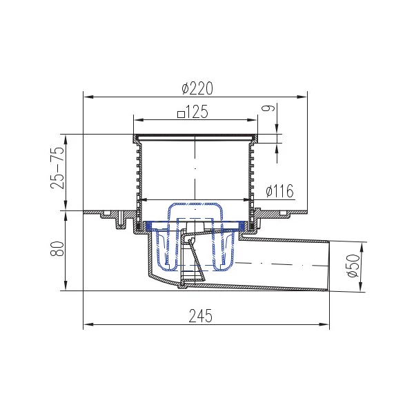 Sifon de pardoseala MCH universal cu iesire orizontala DN 50/H reglabil, plastic