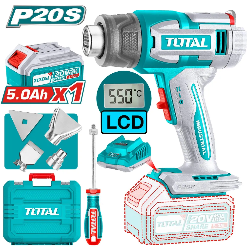 Suflanta aer cald TOTAL 20V, 550°C, debit 200 l/min, display LCD, accesorii incluse (contine 1 acumulator si 1 incarcator)