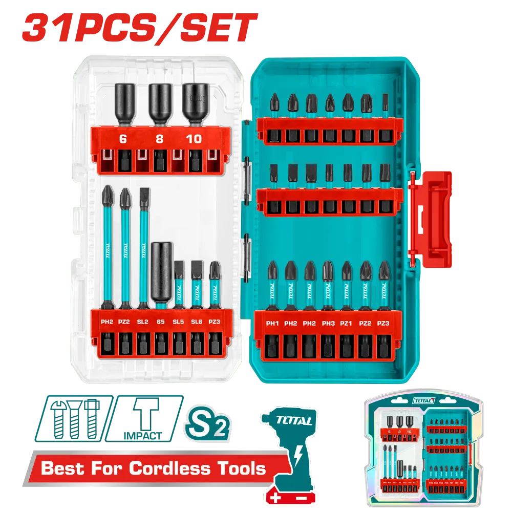 Set biti impact TOTAL 31 piese, 25/50/89 mm, piulite magnetice, suport inclus