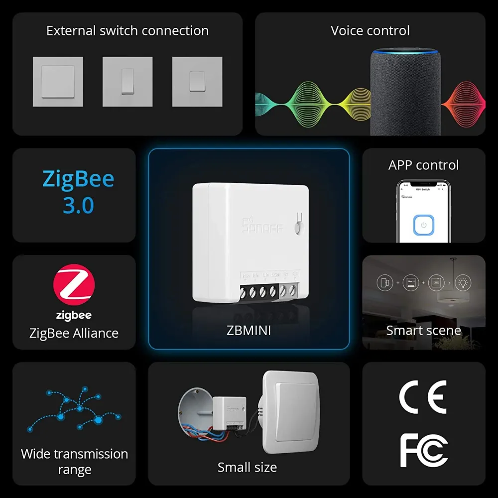 SONOFF Zigbee Mini 4 buc întrerupător inteligent DIY, control aplicație, protocol ZigBee3.0, Sonoff ZBBridge/Amazon Hub/Sa...