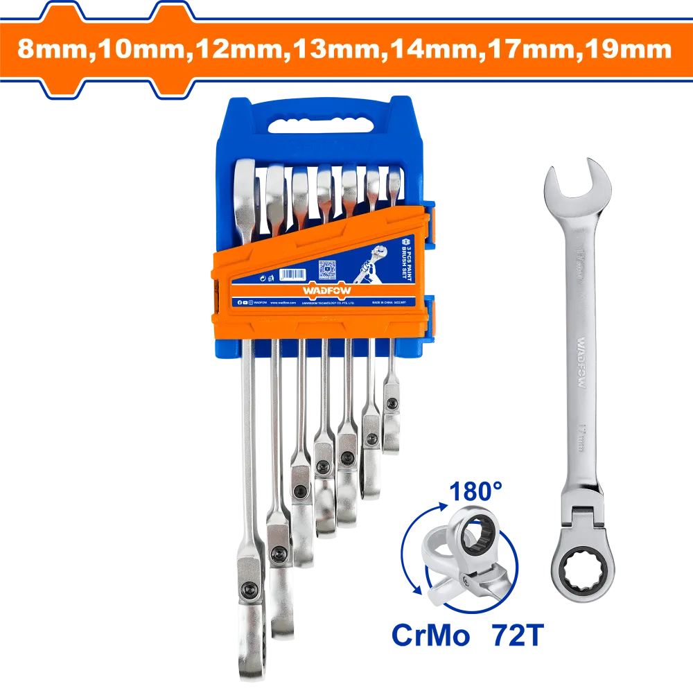 Set 7 chei combinate cap flexibil cu clichet Wadfow, 8-19mm, Cr-V, Cr-Mo