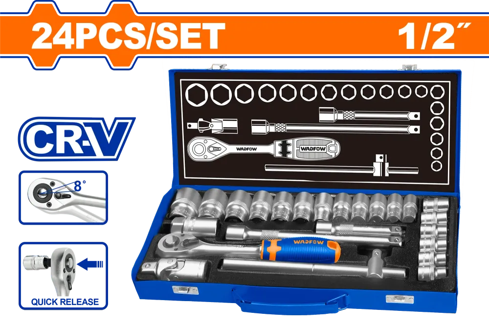 Trusa chei tubulare Wadfow, antrenor cu clichet, prelungitor, 1/2”, 24 piese, Cr-V