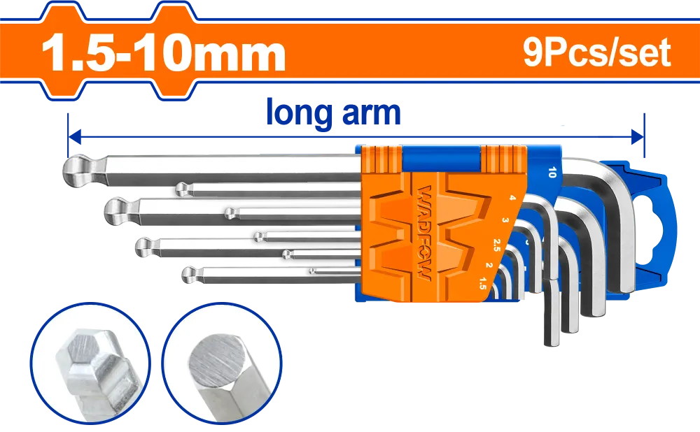 Set 9 chei imbus hexagonale Wadfow, cap bila, brat lung, dimensiuni 1.5-10mm